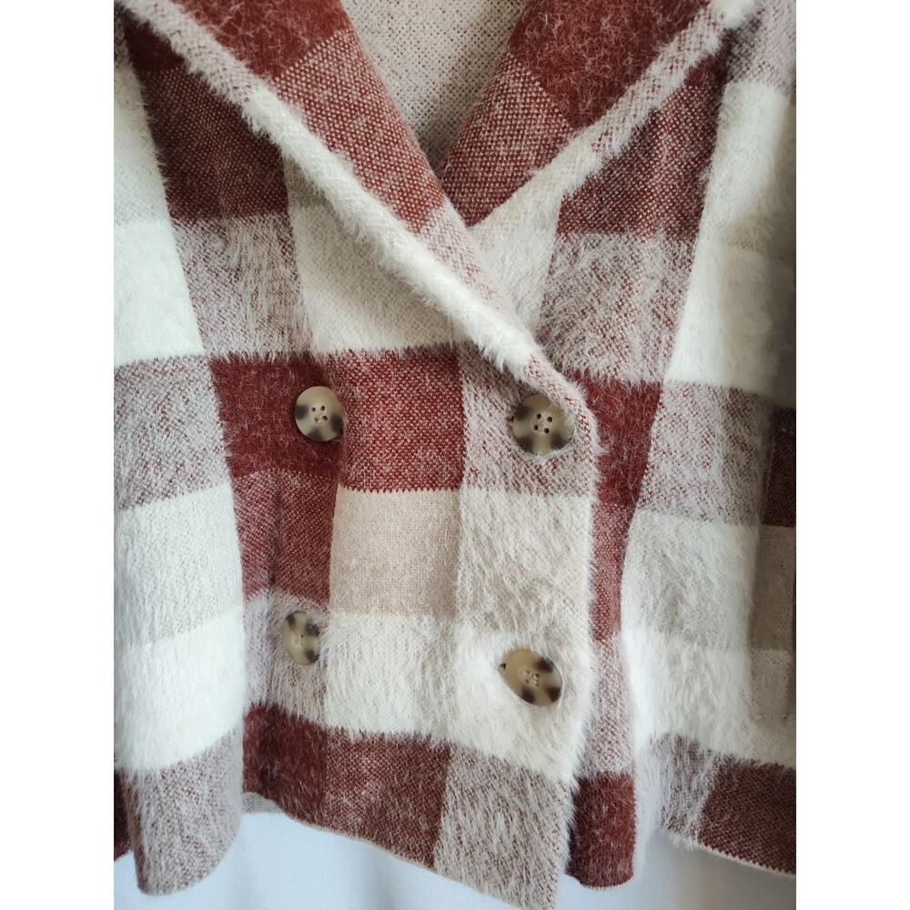 Rachel Zoe Ivory Brown Plaid Knit Collared Button Front Cardigan Sweater L - Picture 2 of 10
